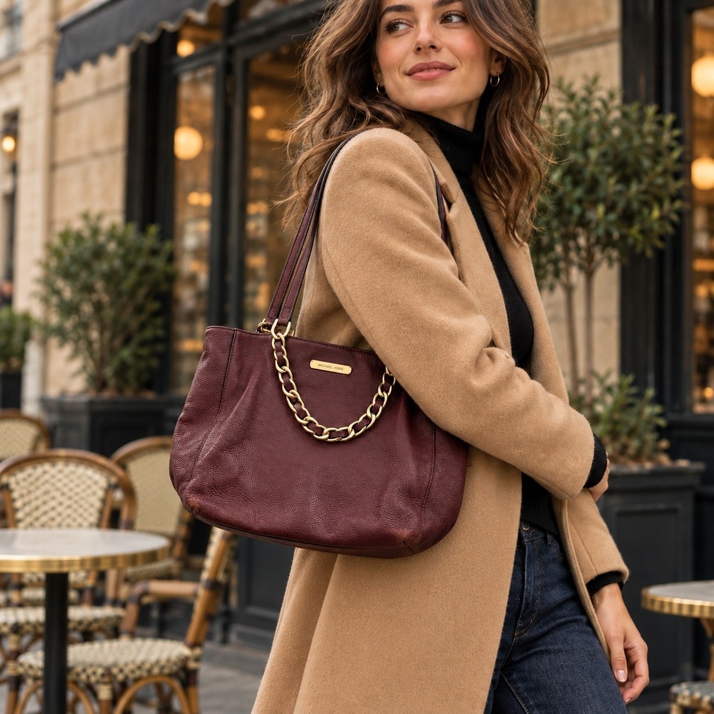 Michael Kors Oxblood Pebbled Leather Chain Detail Tote Shoulder Bag